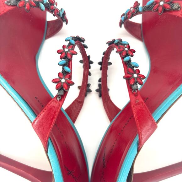 Vintage Giuseppe Zanotti Red Turquoise Floral Embellished Mules Sandals  37 - Picture 9 of 12